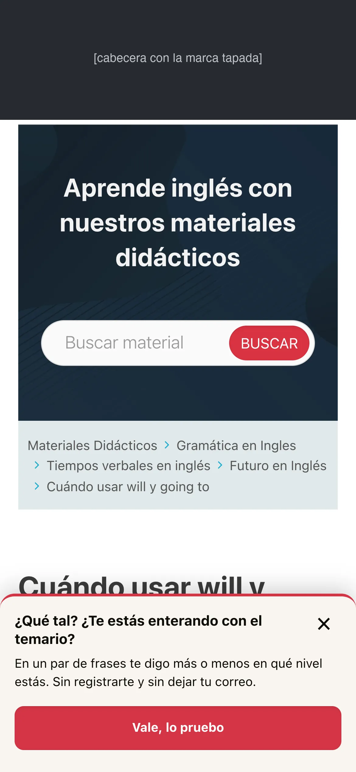 Artículo de gramática en un móvil con un aviso que sube desde abajo: «¿Te estás enterando con el temario? En un par de frases te digo más o menos en qué nivel estás»